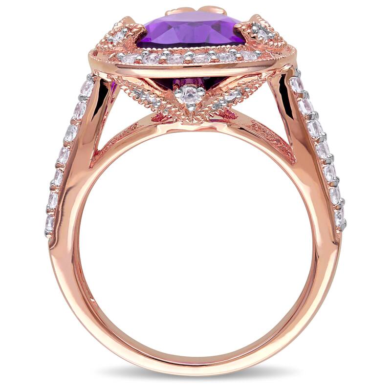 Miadora Rose Plated Silver Amethyst and White Topaz and Diamond Accent Halo Cocktail Ring - Purple