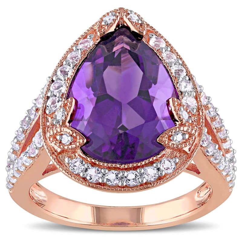 Miadora Rose Plated Silver Amethyst and White Topaz and Diamond Accent Halo Cocktail Ring - Purple - Size 4.5