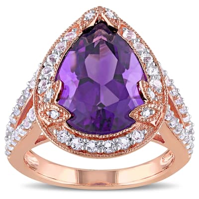Miadora Rose Plated Silver Amethyst and White Topaz and Diamond Accent Halo Cocktail Ring - Purple