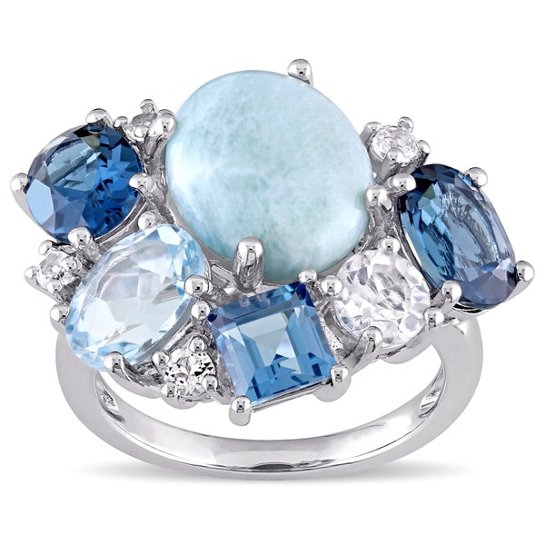 Miadora Sterling Silver Larimar with Blue and White Topaz Cocktail Cluster Ring