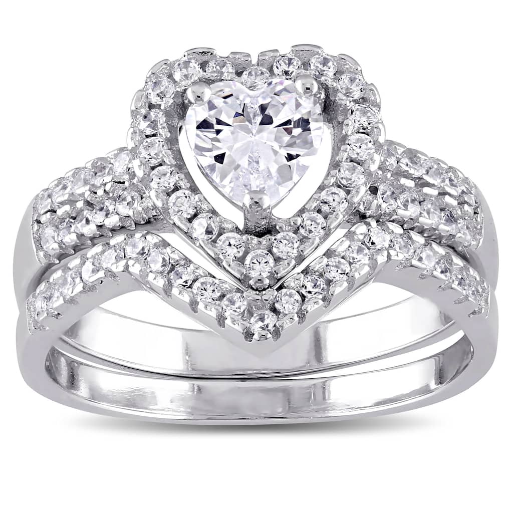 Miadora Sterling Silver Cubic Zirconia Bridal Heart Halo Wedding Ring Set - White