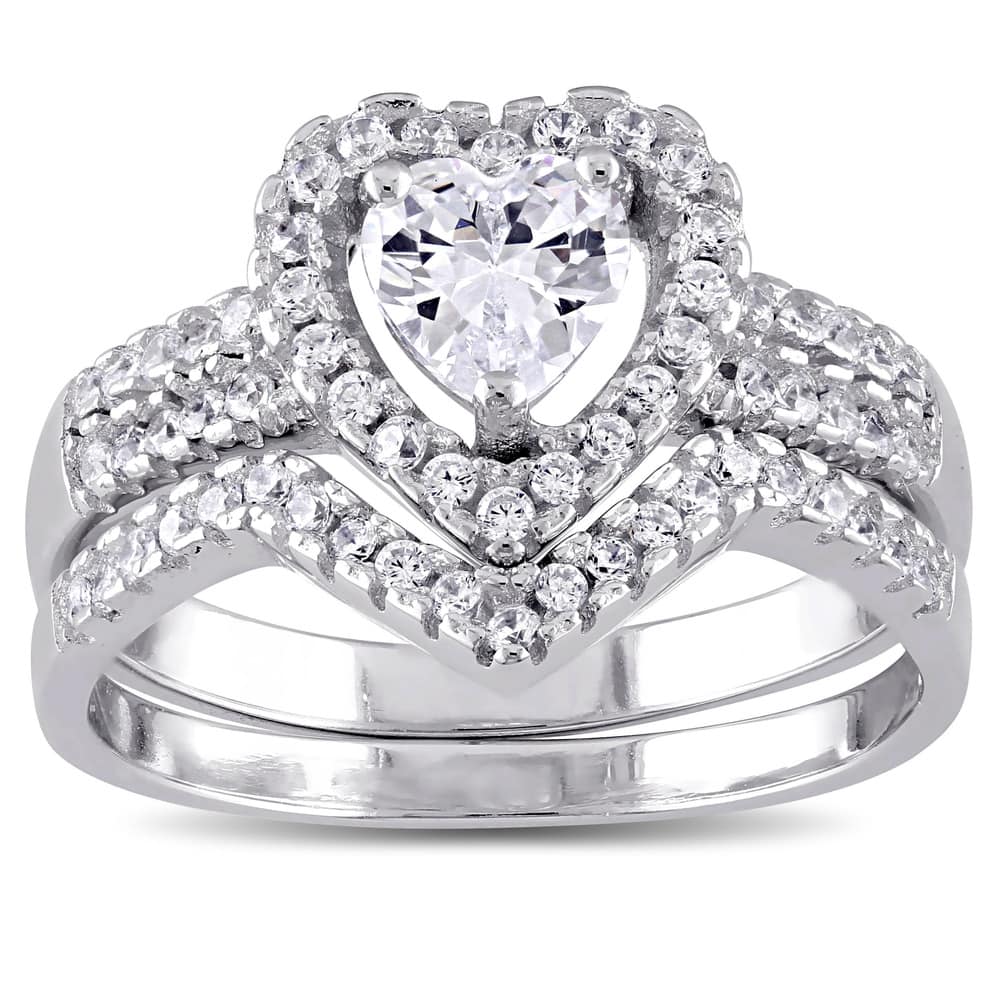 Miadora Sterling Silver Cubic Zirconia Bridal Heart Halo Wedding Ring Set - White