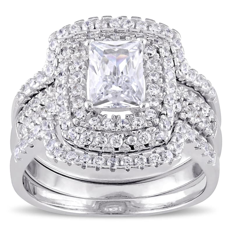 Miadora Sterling Silver Cubic Zirconia Halo Bridal Wedding Ring Set - 4
