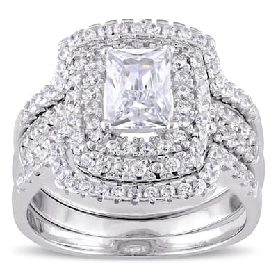 Miadora Sterling Silver Cubic Zirconia Halo Bridal Wedding Ring Set