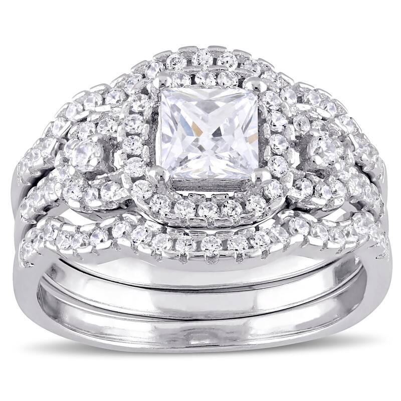 Miadora Sterling Silver Cubic Zirconia 3-stone Halo Bridal Ring Set - White