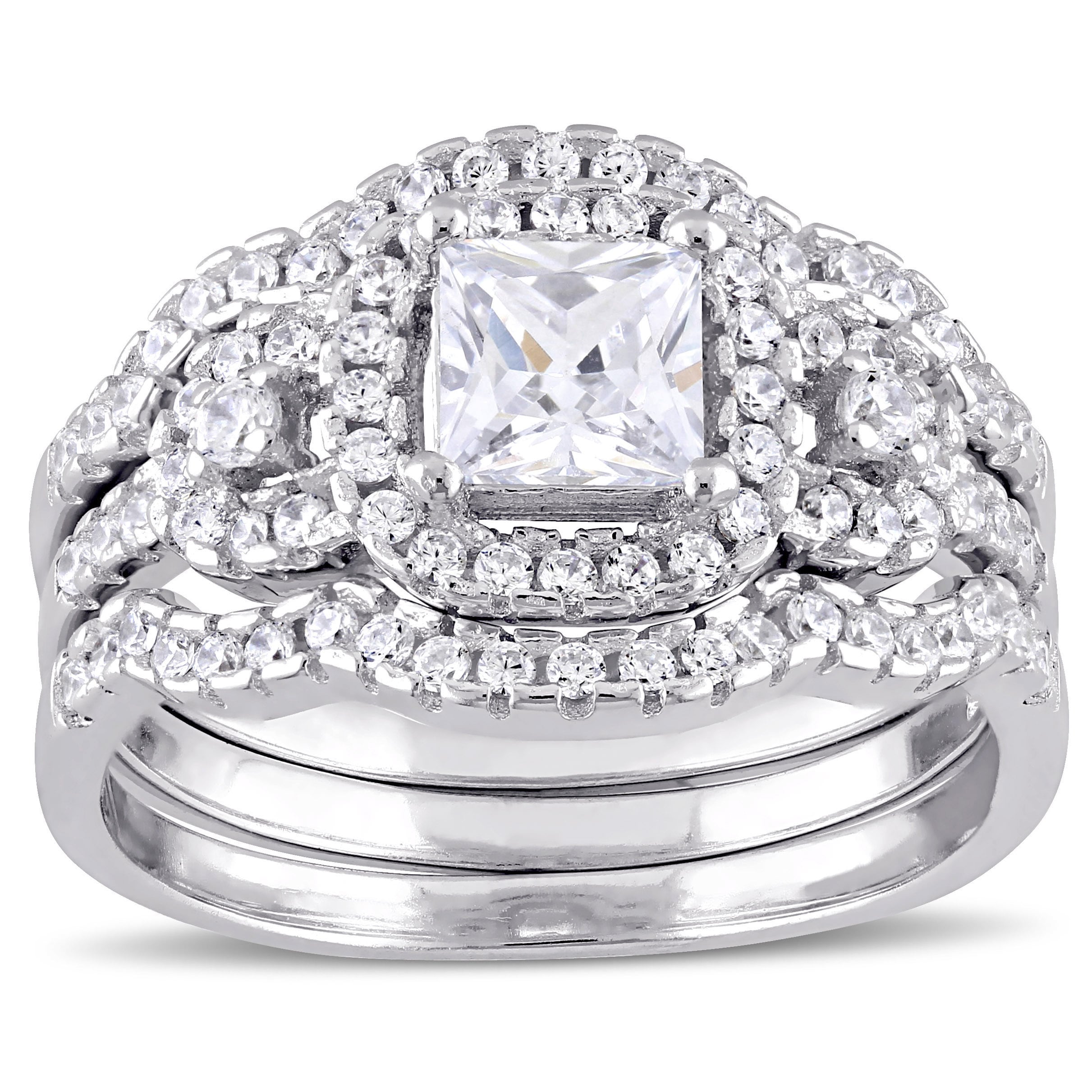 Miadora Sterling Silver Cubic Zirconia 3-stone Halo Bridal Ring Set - White