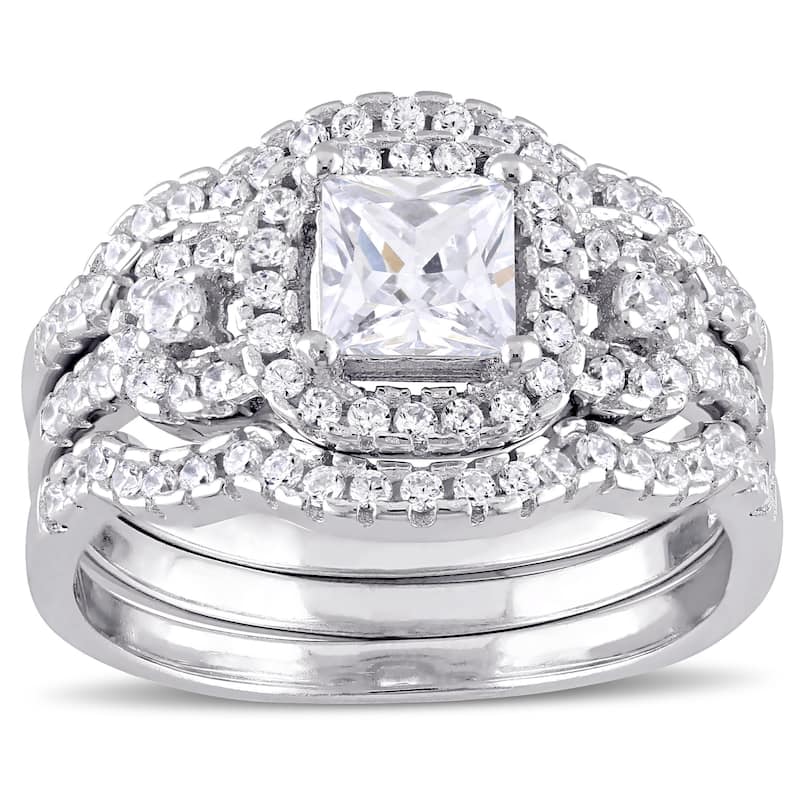 Miadora Sterling Silver Cubic Zirconia 3-stone Halo Bridal Ring Set - White - 4.5