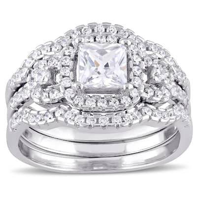 Miadora Sterling Silver Cubic Zirconia 3-stone Halo Bridal Ring Set - White