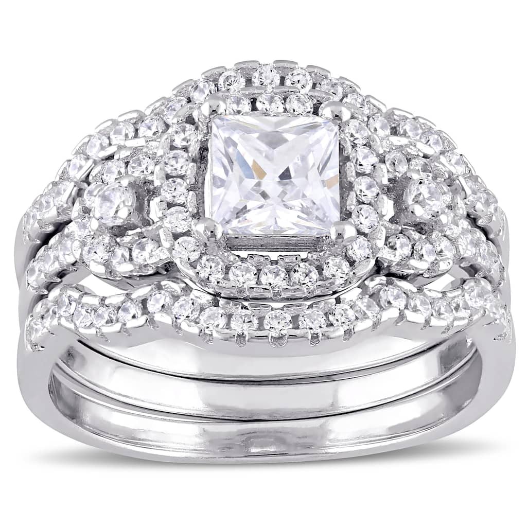 Miadora Sterling Silver Cubic Zirconia 3-stone Halo Bridal Ring Set - White