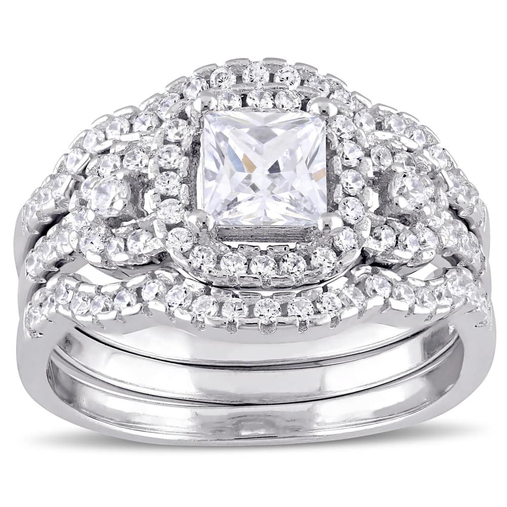 Miadora Sterling Silver Cubic Zirconia 3-stone Halo Bridal Ring Set - White