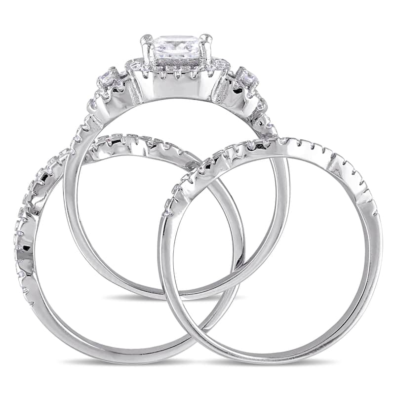 Miadora Sterling Silver Cubic Zirconia 3-stone Halo Bridal Ring Set - White
