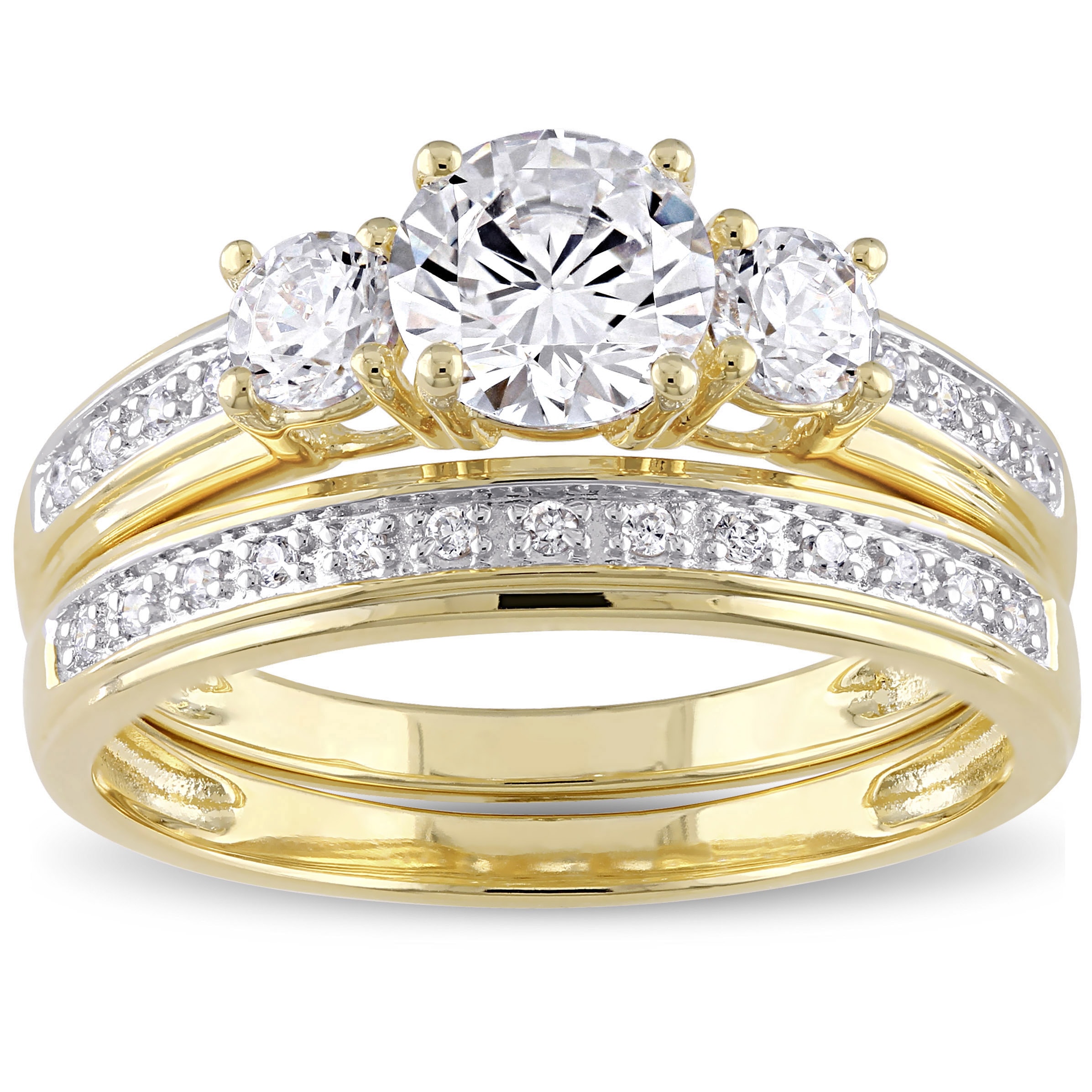 Miadora Yellow Silver Cubic Zirconia Bridal 3-stone Bridal Ring Set - White