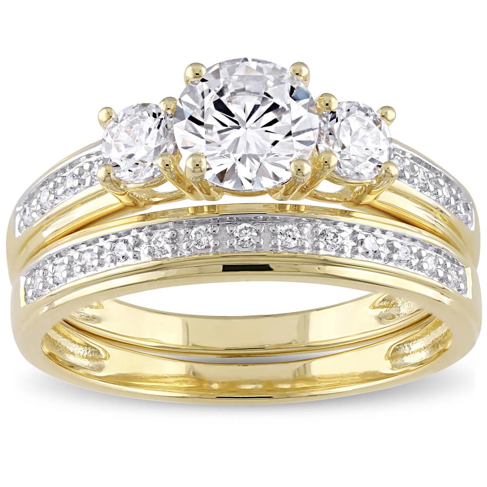 Miadora Yellow Silver Cubic Zirconia Bridal 3-stone Bridal Ring Set - White