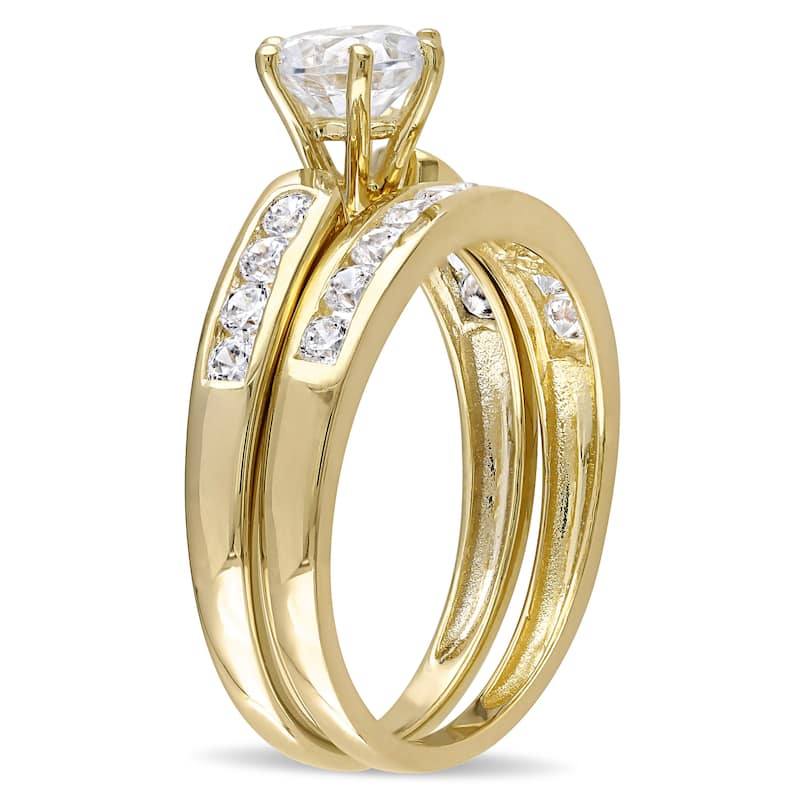 Miadora Yellow Silver Channel Set Cubic Zirconia Bridal Wedding Ring Set - White