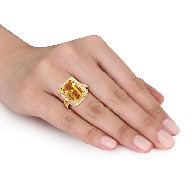 Miadora Yellow Silver Citrine and White Topaz and Diamond Accent Halo Cocktail Ring