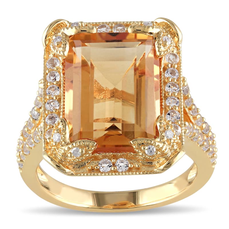 Miadora Yellow Silver Citrine and White Topaz and Diamond Accent Halo Cocktail Ring - Size 5.5