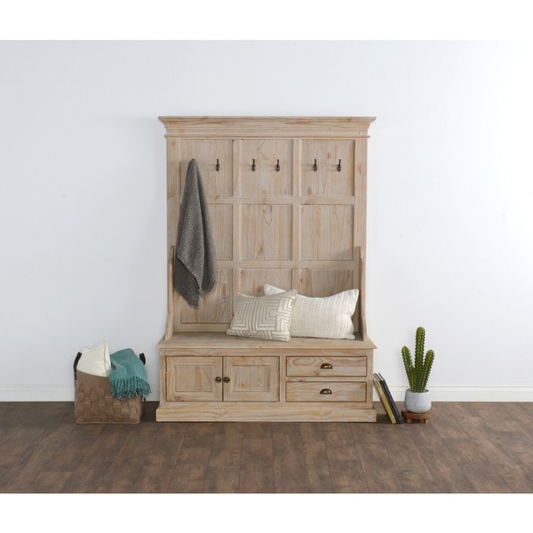 Pine Storage Bench With Drawers Shop Reclaimed Pine Storage Bench with Hooks, Drawers, and Cabinet