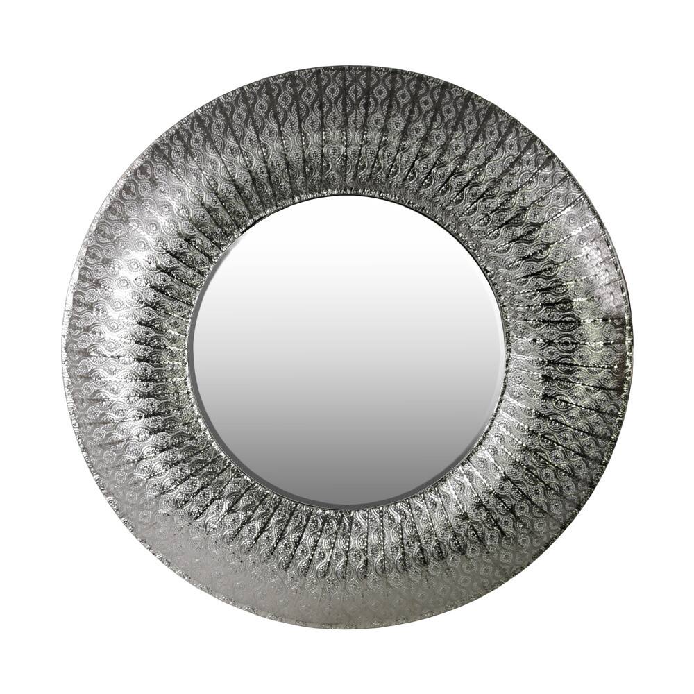 Metal Round Wall Mirror with Lattice Design Frame Metallic Finish Silver