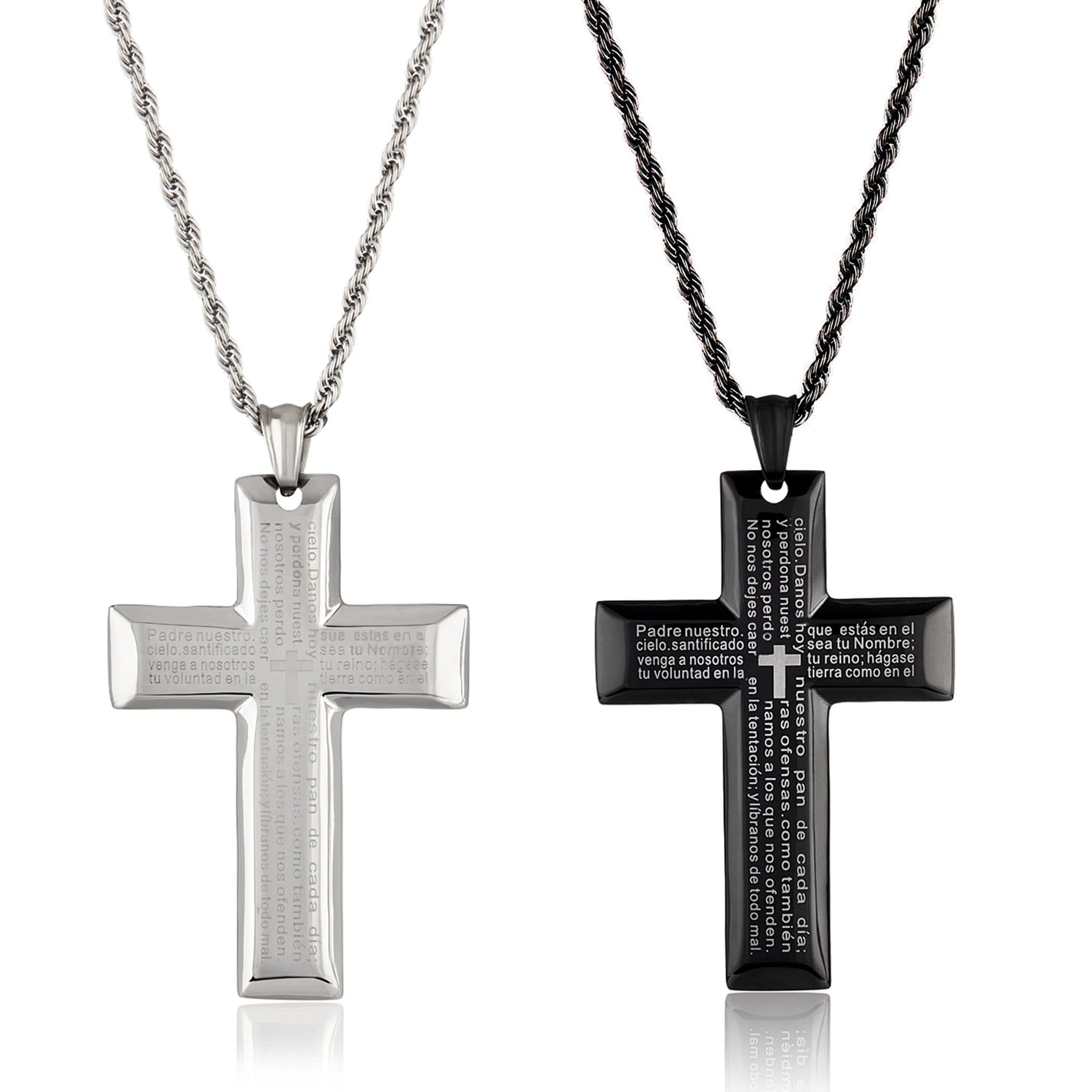 Stainless Steel Gold-Tone Padre Nuestro Spanish Prayer Mens Cross  Necklace