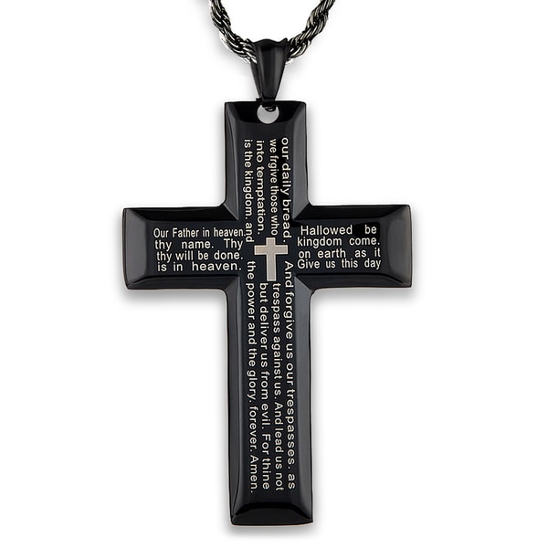 Mens Black Plated Polished Stainless Steel Lords Prayer Cross Pendant on 24 Inch Black Plated Rope Chain Necklace ecf7c5d4 8c85 4c45 9743 e531477664ac_600