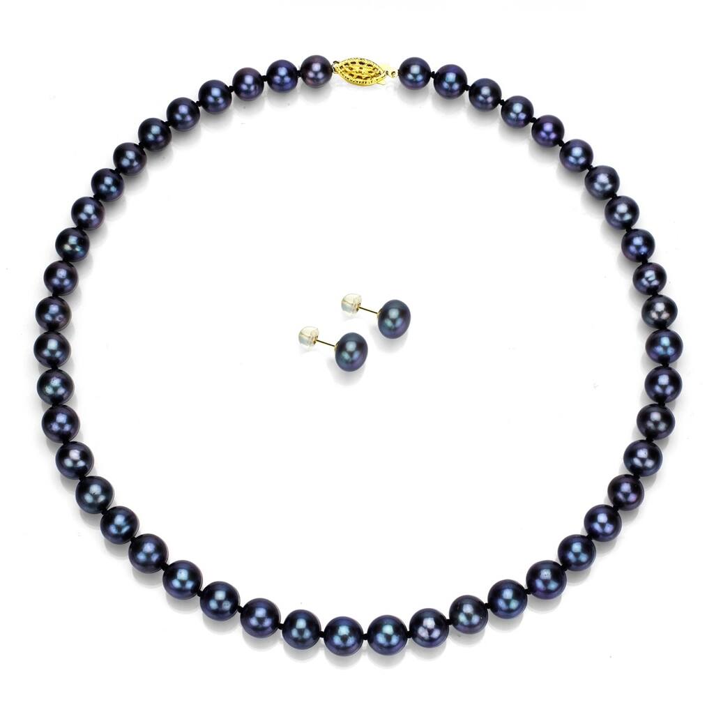 DaVonna 14k Gold 8-9mm Black Pearl Necklace and Earring Set, 18"