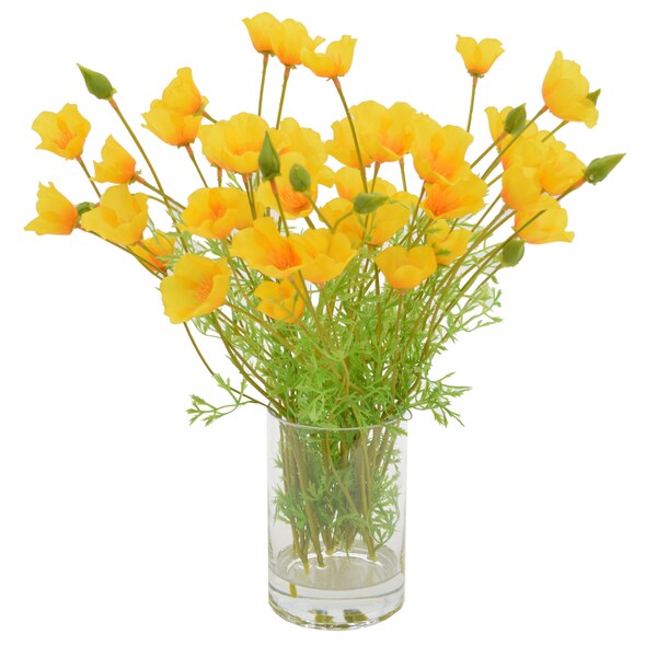 Shop Yellow Poppy Bouquet In Acrylic Water Filled Vase Free Shipping