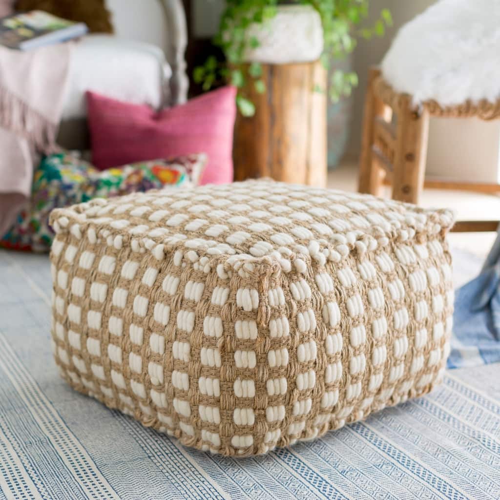 Artistic Weavers Striped Alta Square Jute/Cotton Pouf (20 x 20 x 12)