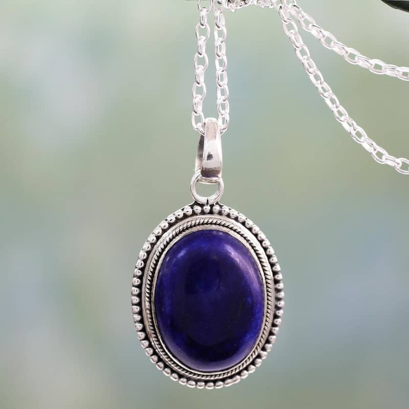 NOVICA Handmade Sterling Silver True Clarity Lapis Lazuli Necklace (India) - 7'6" x 9'6"