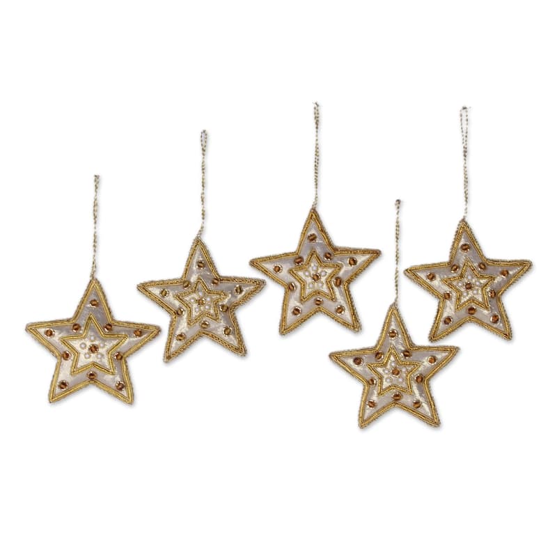 Set of 5 Handcrafted Beadwork 'Glorious Star' Ornaments (India)