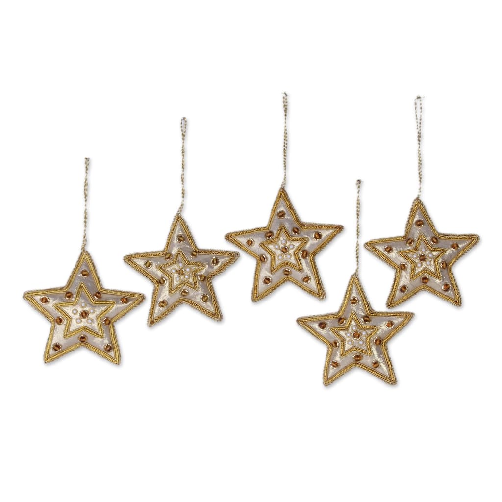Set of 5 Handcrafted Beadwork 'Glorious Star' Ornaments (India)
