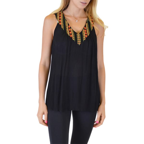 Women's Black/Orange/Yellow Rayon Sleeveless Loose Fitting V-Neck Top