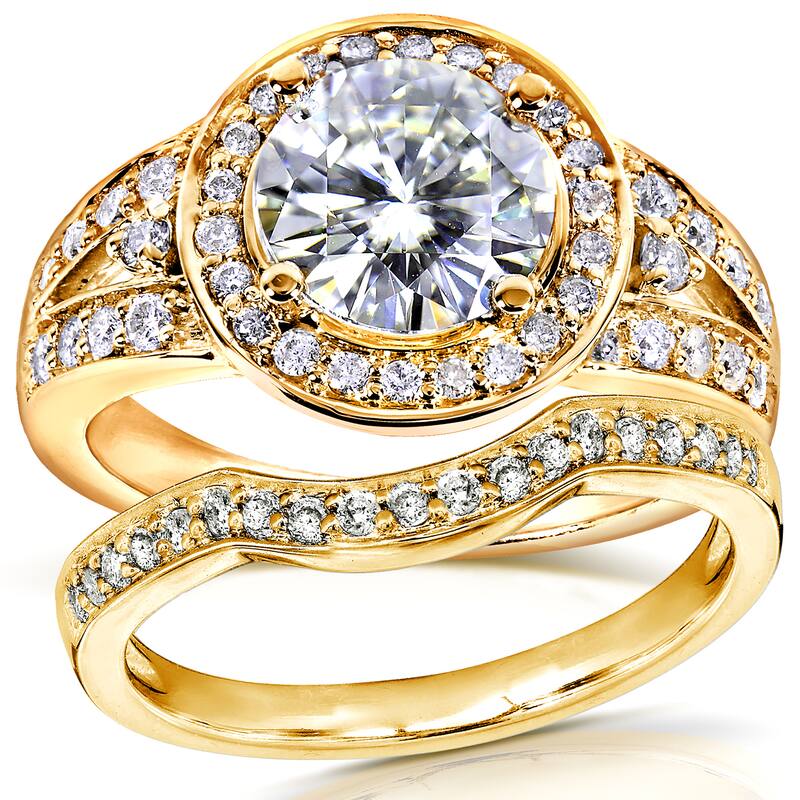 Annello by Kobelli 14k Yellow Gold 2ct TGW Round Moissanite and Diamond Halo Bridal Ring 2-Piece Set - 4