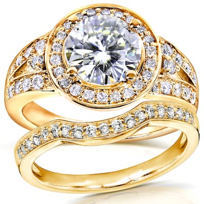 Annello by Kobelli 14k Yellow Gold 2ct TGW Round Moissanite and Diamond Halo Bridal Ring 2-Piece Set