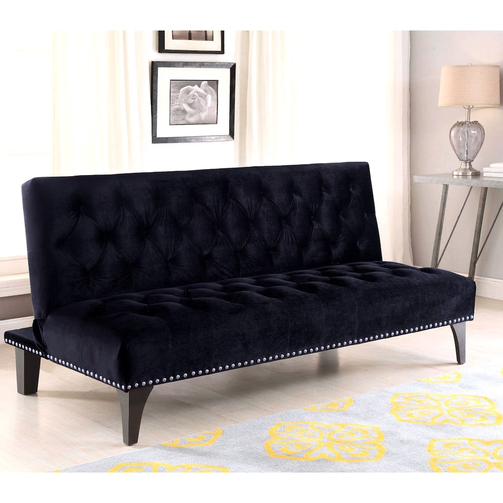 Button Tufted Black Velvet Sofa Bed Lounger with Nailhead Trim