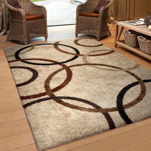 Actual Size 5' 3" x 7' 6" CIRCLES cream CONTEMPORARY 5x8 area rug RINGS carpet 