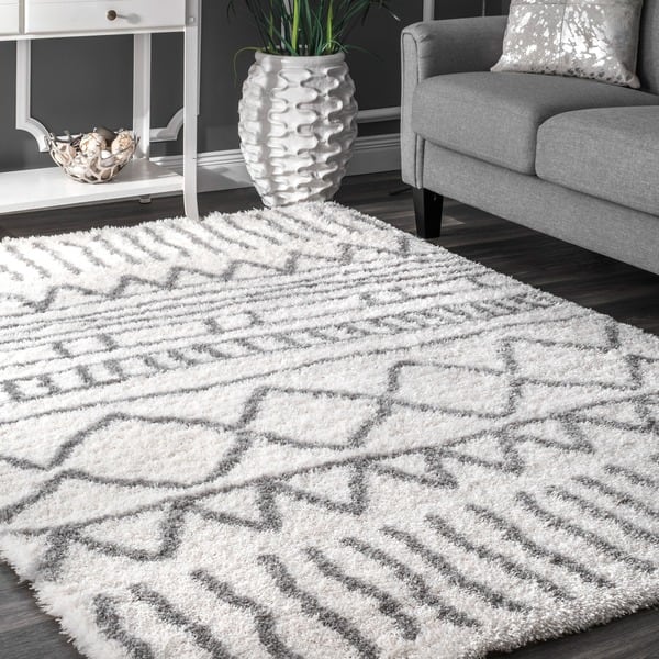 slide 2 of 5, The Curated Nomad Delmar Moroccan Trellis White Shag Rug - 7' 10 x 10'