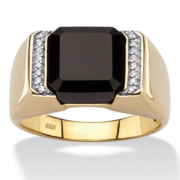 18k Gold over Silver Men's Square-cut Genuine Black Onyx and Cubic ...