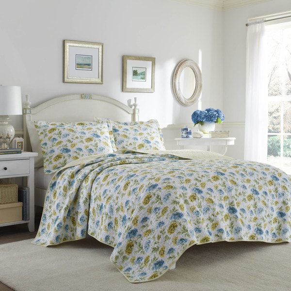 Laura Ashley Edwina Blue and Yellow Floral Cotton Reversible Quilt Set ...