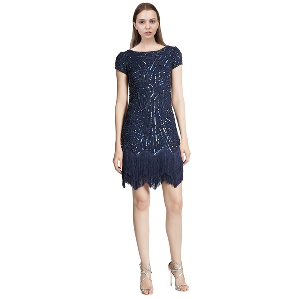 Shop Aidan Mattox Embellished Fringe Shift Cocktail Evening Dress ...