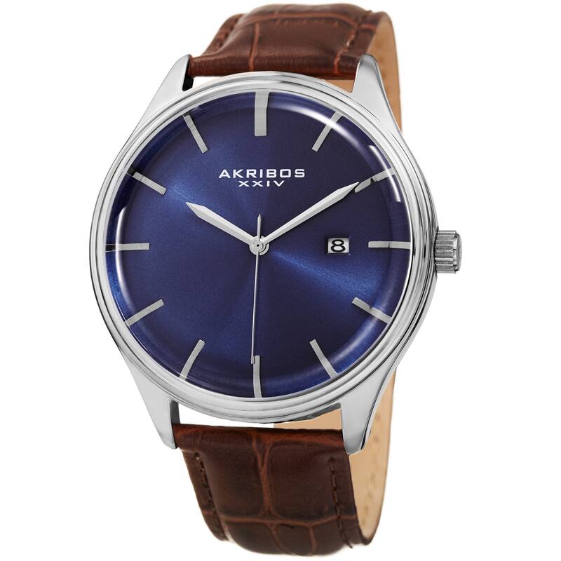 Akribos XXIV Men's Quartz Date Brown Leather Strap Watch - Blue