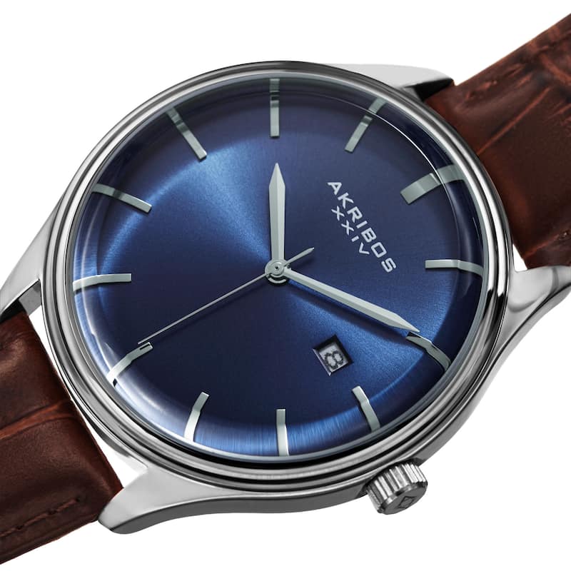 Akribos XXIV Men's Quartz Date Brown Leather Strap Watch - Blue