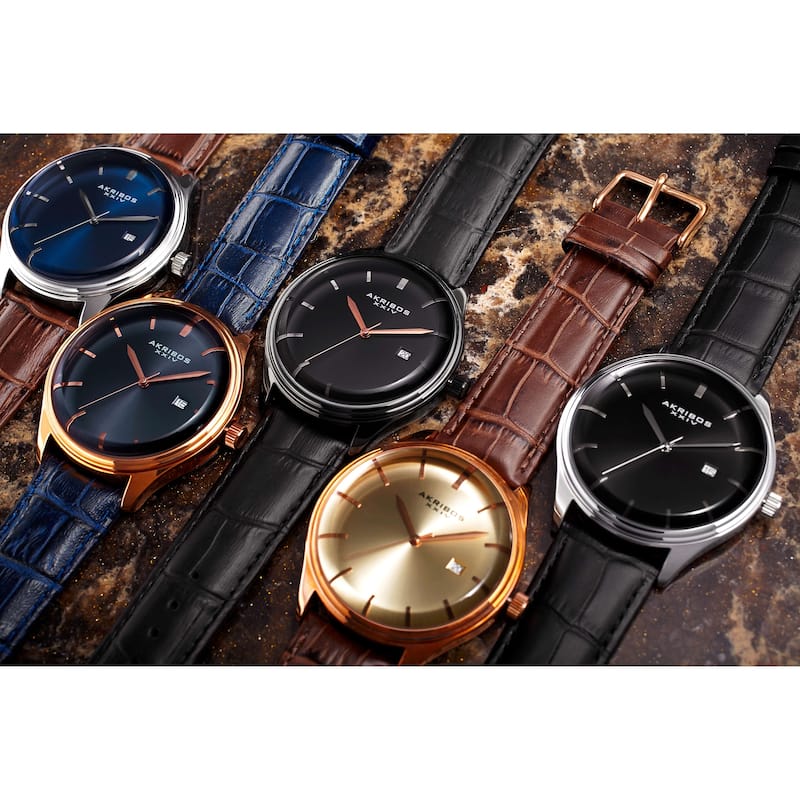 Akribos XXIV Men's Quartz Date Black Leather Strap Watch - silver