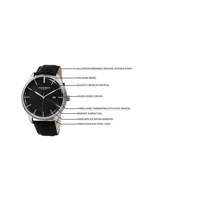 Akribos XXIV Men's Quartz Date Black Leather Strap Watch - silver