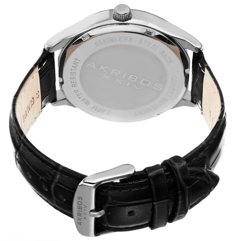 Akribos XXIV Men's Quartz Date Black Leather Strap Watch - silver