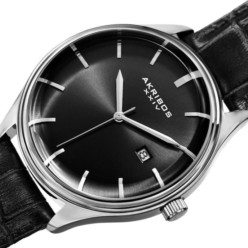 Akribos XXIV Men's Quartz Date Black Leather Strap Watch - silver