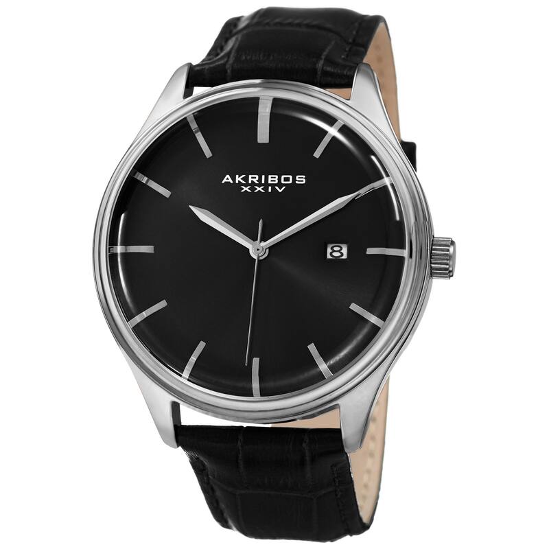 Akribos XXIV Men's Quartz Date Black Leather Strap Watch - silver