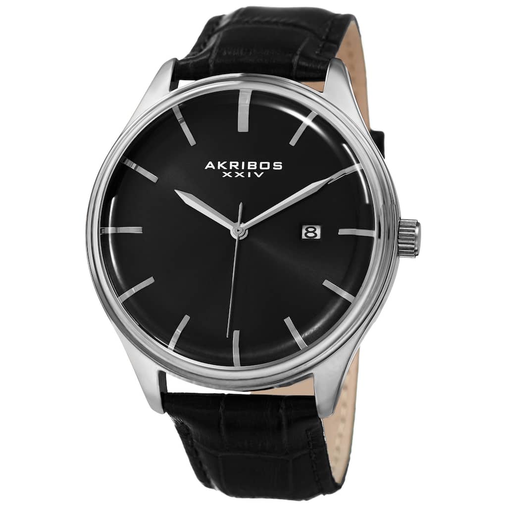 Akribos XXIV Men's Quartz Date Black Leather Strap Watch - silver