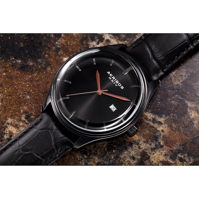 Akribos XXIV Men's Quartz Date Black Leather Strap Watch