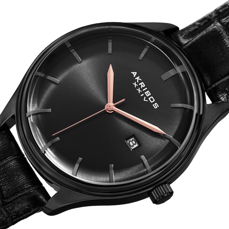 Akribos XXIV Men's Quartz Date Black Leather Strap Watch