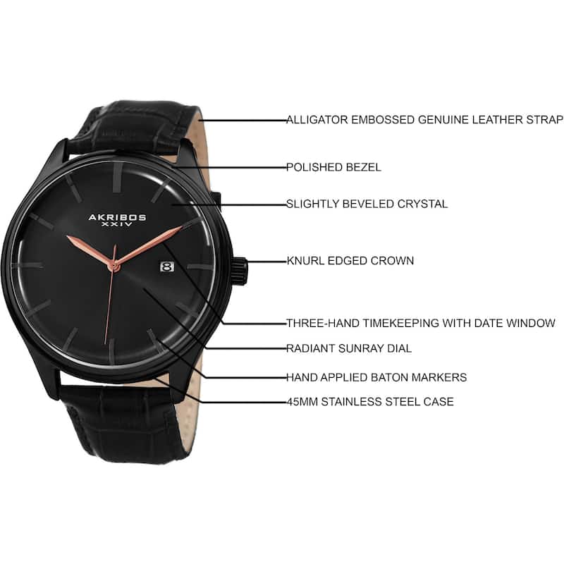 Akribos XXIV Men's Quartz Date Black Leather Strap Watch
